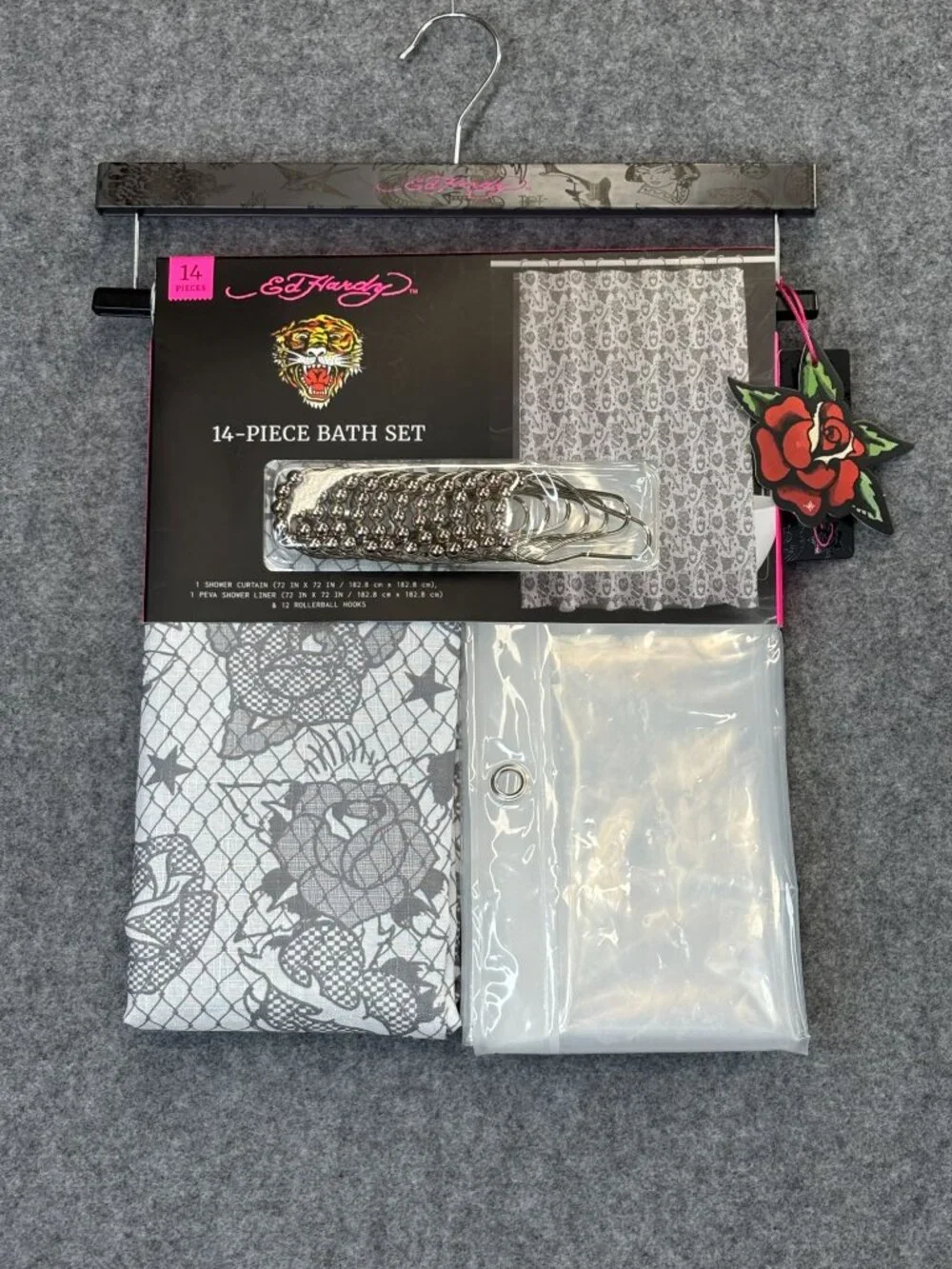 Ed Hardy Shower Curtain Set w 14 Piece w Hooks & Liner White Gray Roses Skulls
